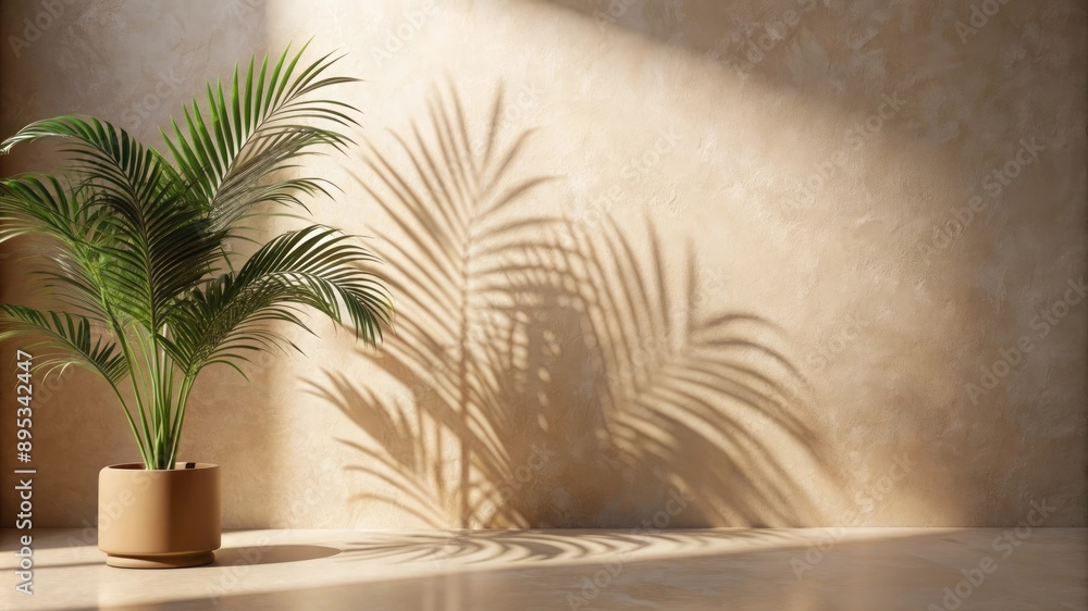 Minimal product placement background with palm shadow on beige plaster wall. Luxury summer architecture interior aesthetic. Boho home room for product platform stage mockup. Minimal product placement background with palm shadow on beige plaster wall. Luxury summer architecture interior aesthetic. Boho home room for product platform stage mockup.