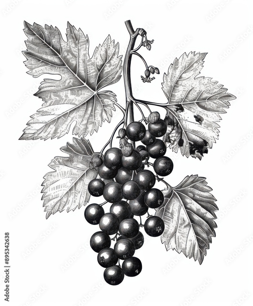 Obraz premium Black and white Vintage engraved art of a currant isolated on white background, ink sketch illustration, simple vector art design, highly detailed line art, high contrasty. 