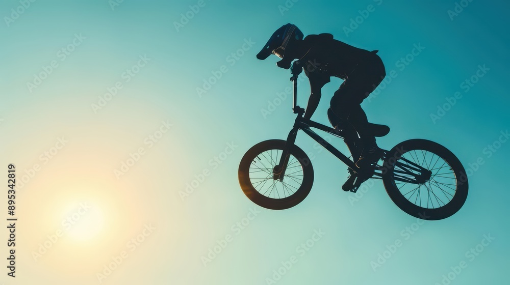 An actionpacked BMX stunt with a rider performing a high jump, banner, with copy space