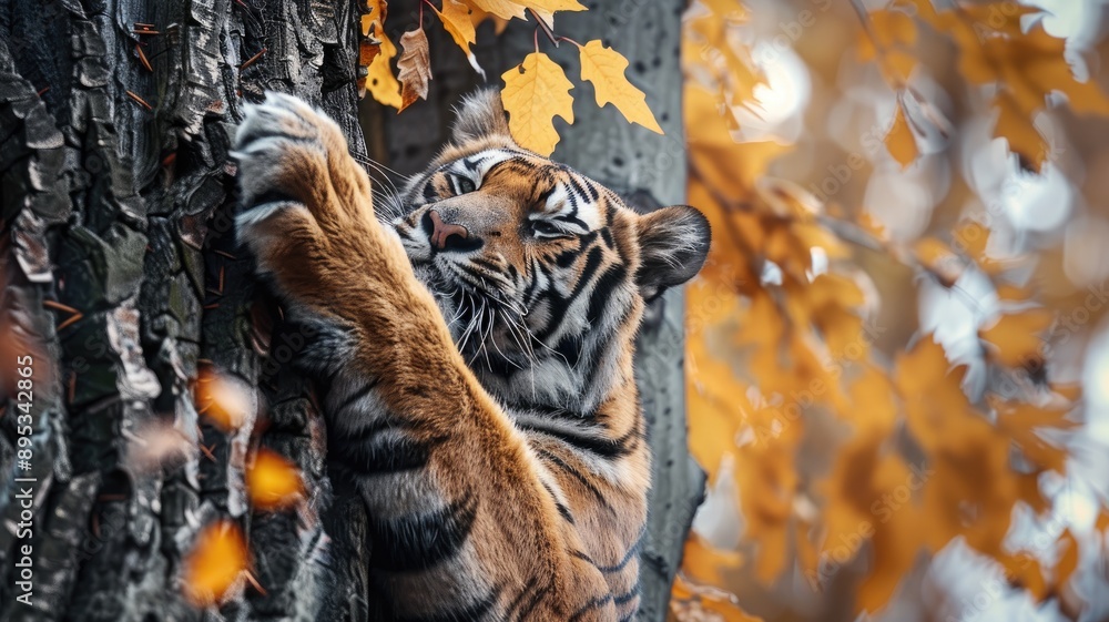 Tiger climbing tree surrounded by autumn leaves Tiger climbing tree surrounded by autumn leaves