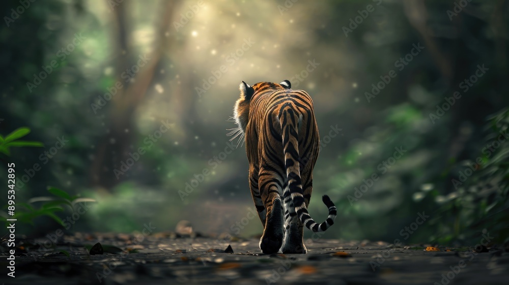 Fototapeta premium Tiger walking away on path in lush forest