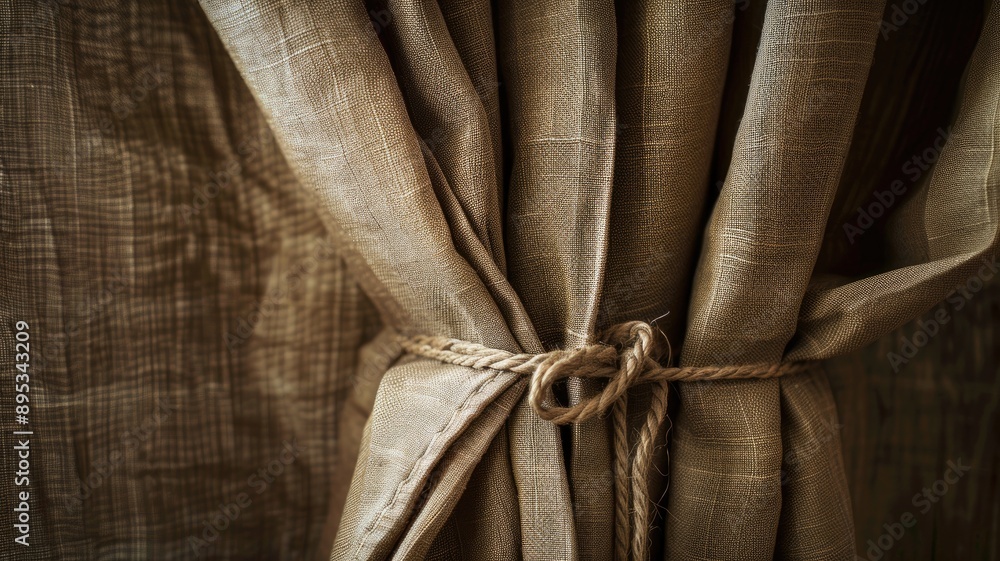 Close-up of brown fabric curtains tied with rope, showcasing texture Close-up of brown fabric curtains tied with rope, showcasing texture
