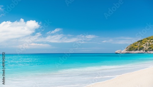 Beautiful tropical summer beach, white sand and blue sea waves, nature background, vacation in paradise concept for tourism, vivid colorful.