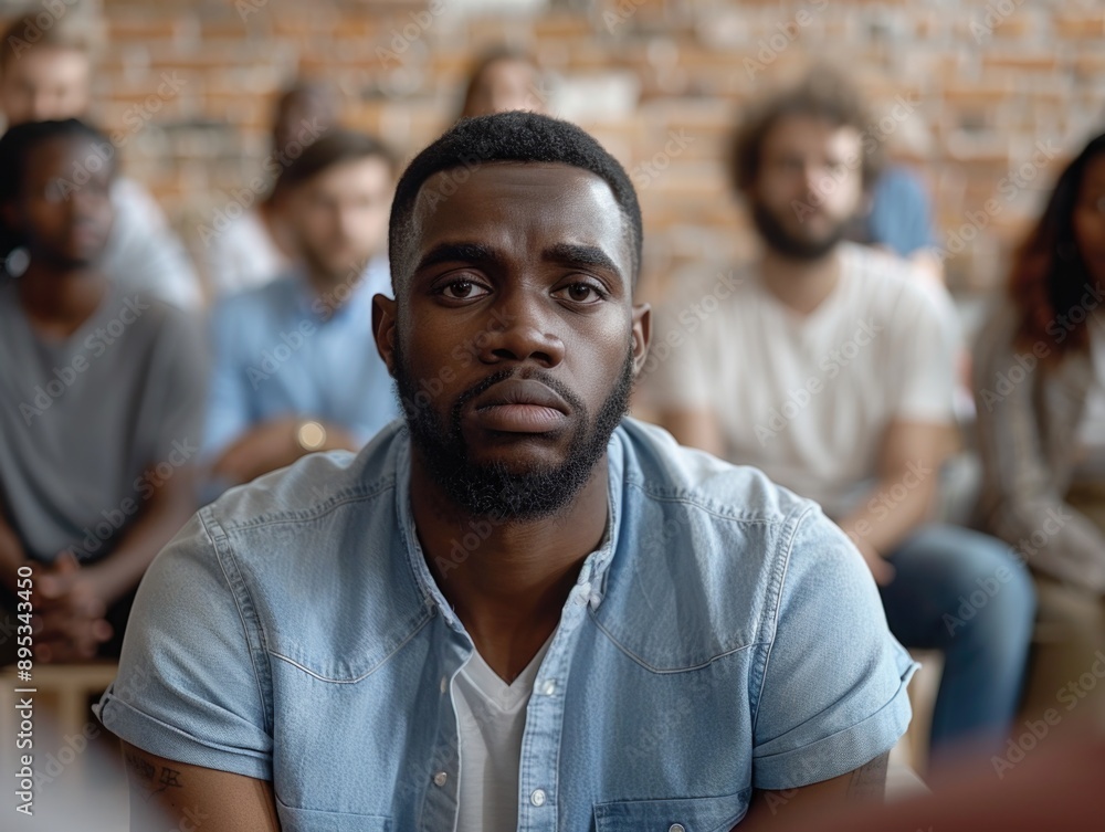 A man sits among a group of people, potentially leading or participating in a meeting A man sits among a group of people, potentially leading or participating in a meeting