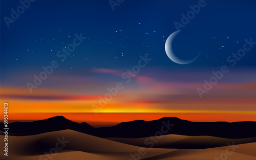 Evening sky over deset.Night landscape with moon and stars.