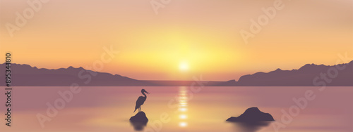 Setene sunset at river with a bird. Dramatic sundown landscape