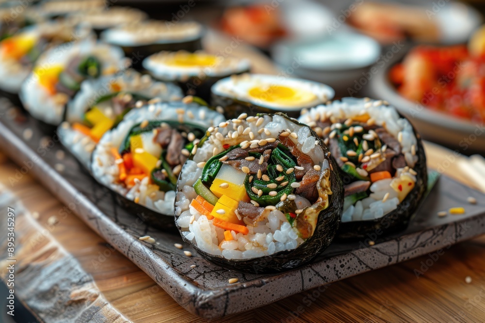 A plate of sushi with a yellow egg on top A plate of sushi with a yellow egg on top