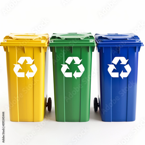 three recycling bins with the recycling symbol on them, lined up in a row.