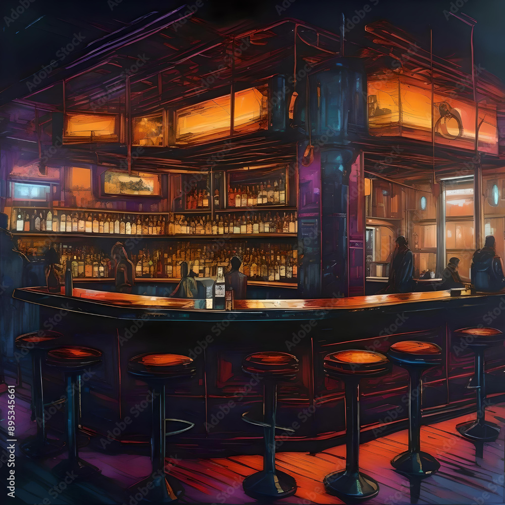 Stepping into the neon-lit world of a cyberpunk bar, where every detail tells a story in vibrant acrylic ink Stepping into the neon-lit world of a cyberpunk bar, where every detail tells a story in vibrant acrylic ink