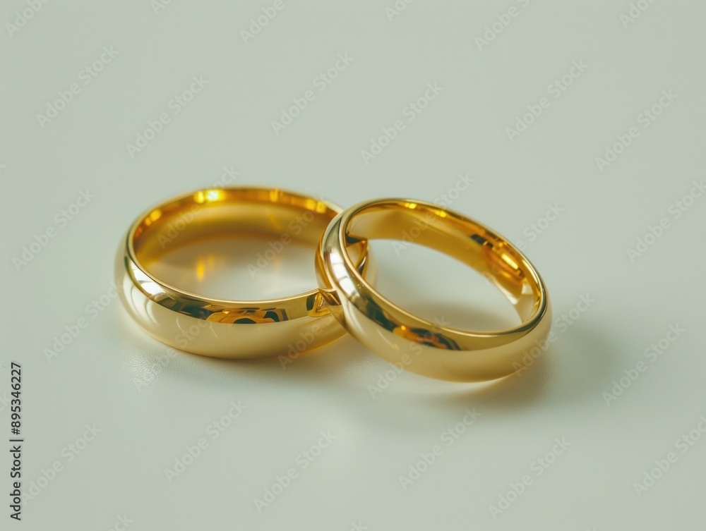 Two gold wedding rings on a white surface, perfect for romantic and intimate moments Two gold wedding rings on a white surface, perfect for romantic and intimate moments