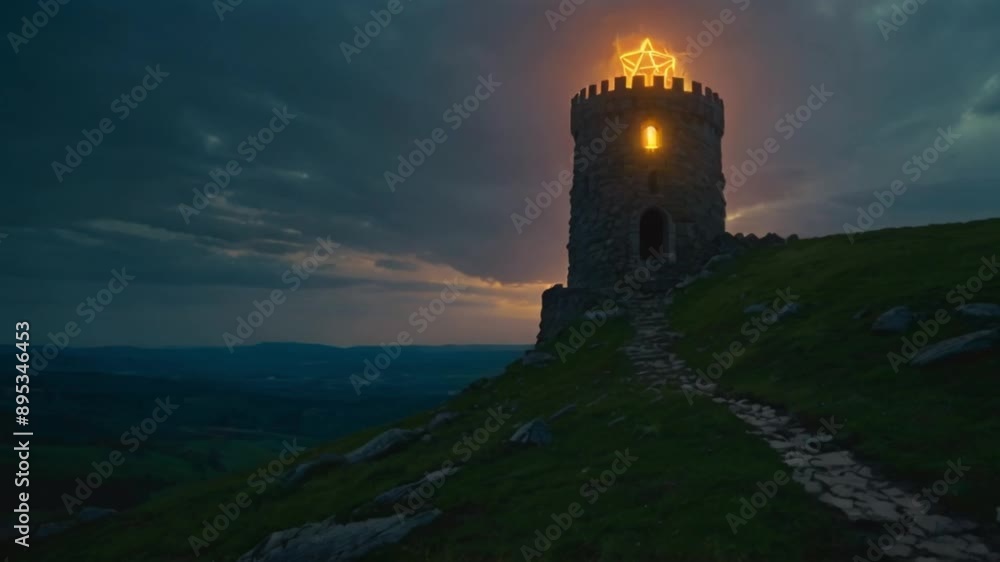 A lone wizard's tower on a hill, with glowing windows and magical symbols surrounding it A lone wizard's tower on a hill, with glowing windows and magical symbols surrounding it