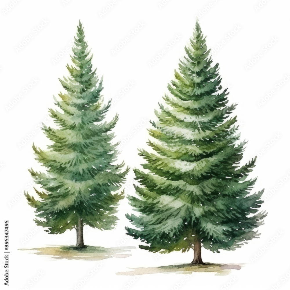 Fototapeta premium Watercolor, Two trees are standing next to each other, one of which is taller than the other. The trees are green and appear to be healthy. The scene is peaceful and serene