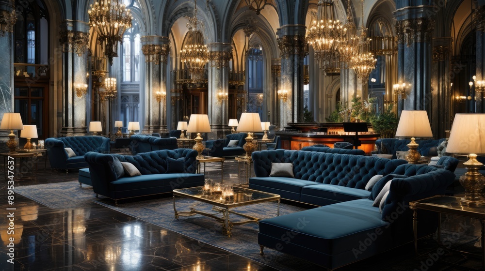 Fototapeta premium A hotel lobby with luxurious chandeliers