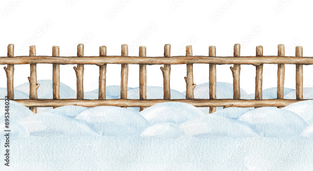 Fototapeta premium Winter time countryside wooden fence covered with snow, ice ground seamless border. Watercolor illustration. Hand drawn fence with snowy piles endless border countryside landscape element isolated