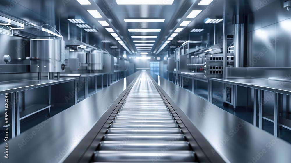 Obraz premium Modern Industrial Kitchen with Stainless Steel Equipment and Conveyor Belt in a Professional Setting