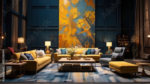 A huge living room's accent lounge. blue and yellow hues. Dark blue wall that is empty and a bright yellow sofa with mustard undertones. a mockup  