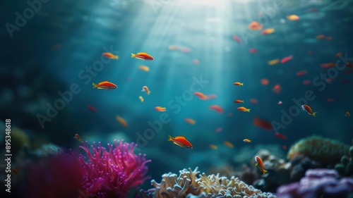 Vibrant Underwater Scene with Colorful Fish and Coral Reefs Illuminated by Sunlight photo