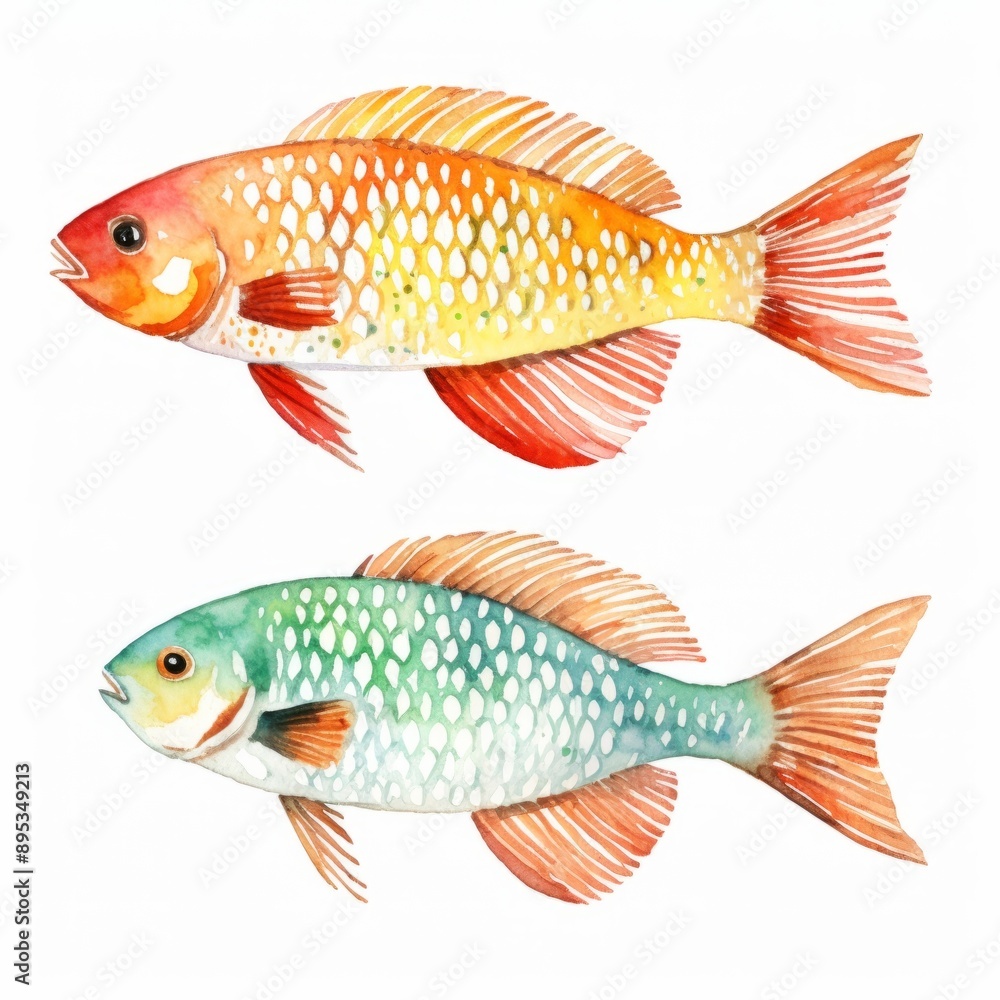 Fototapeta premium Two fish with different colors and patterns. One is green and the other is orange. The orange fish has a red tail