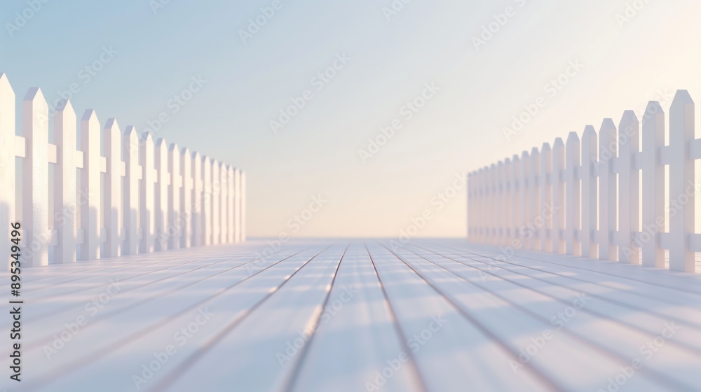 White picket fence leading to a wooden deck at sunrise, 3D illustration. White picket fence leading to a wooden deck at sunrise, 3D illustration.