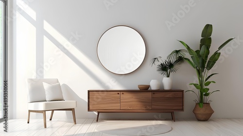 Modern Minimalist Living Room with Round Mirror and Indoor Plants
