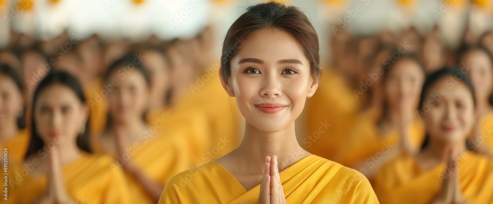 Thai New Year celebration, people in traditional dress, copy space, beautiful lighting Thai New Year celebration, people in traditional dress, copy space, beautiful lighting