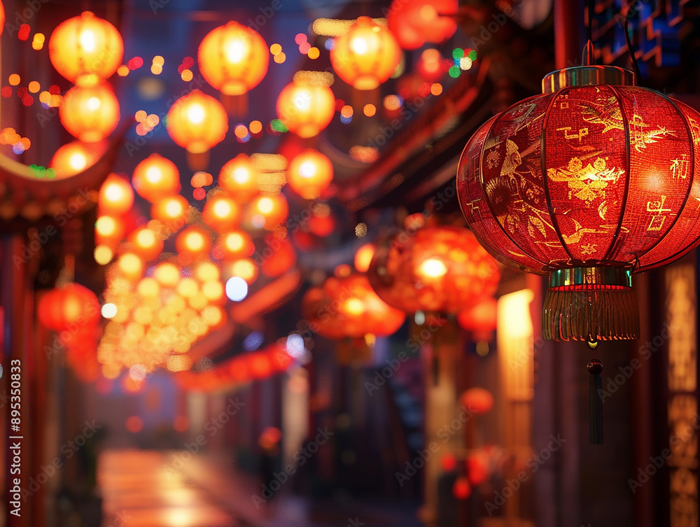 Festive Chinese Lanterns Illuminating a Rainy Street at Night Festive Chinese Lanterns Illuminating a Rainy Street at Night