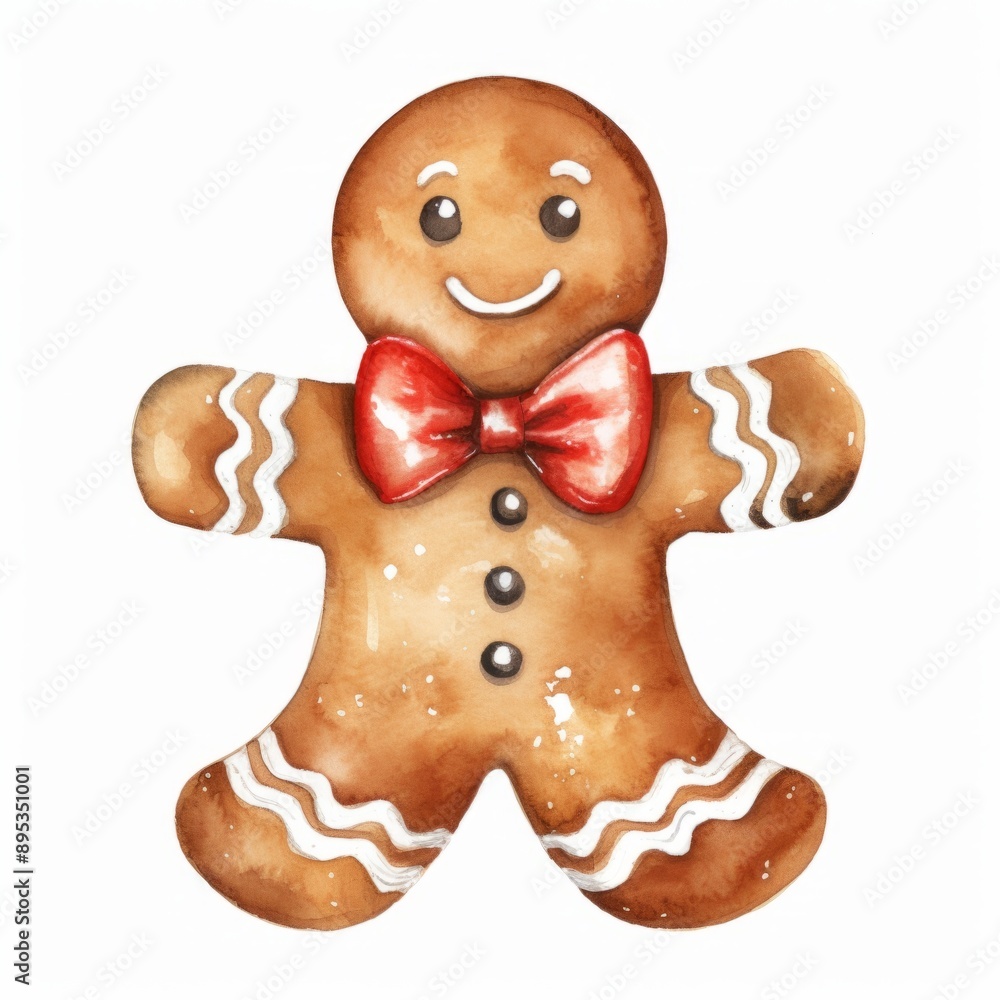 Watercolor, gingerbread man with a red bow tie is smiling. The image has a festive and cheerful mood, as it is a representation of a popular holiday treat Watercolor, gingerbread man with a red bow tie is smiling. The image has a festive and cheerful mood, as it is a representation of a popular holiday treat