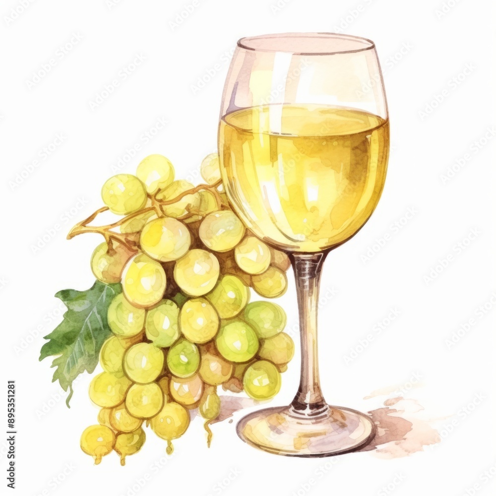 Watercolor, glass of wine is next to a bunch of grapes. Concept of relaxation and enjoyment, as the wine Watercolor, glass of wine is next to a bunch of grapes. Concept of relaxation and enjoyment, as the wine
