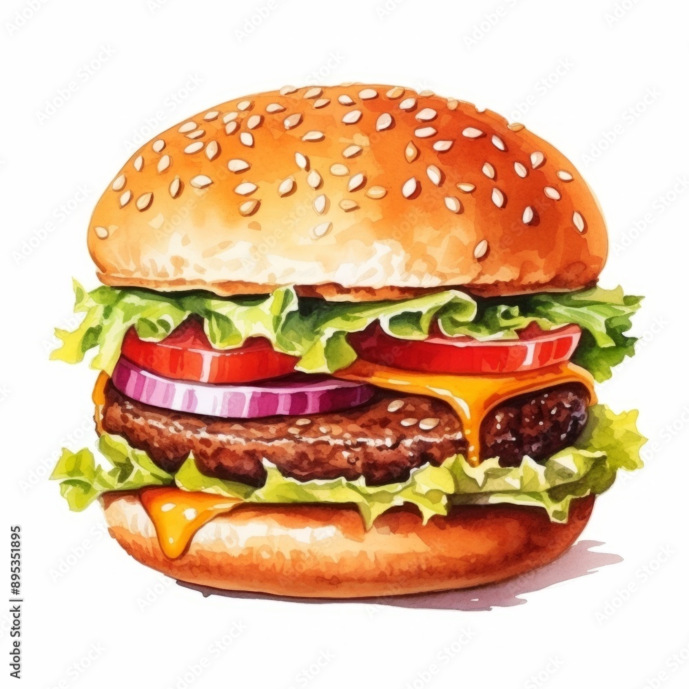 Watercolor, hamburger with lettuce, tomato, and onions. The bun is brown and the toppings are red and yellow Watercolor, hamburger with lettuce, tomato, and onions. The bun is brown and the toppings are red and yellow