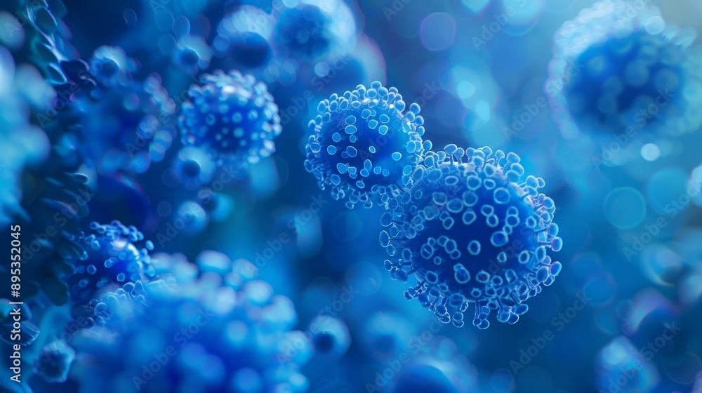 Close-up of blue virus cells under a microscope Close-up of blue virus cells under a microscope