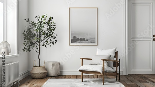 Bright minimalist living room with wooden chair and large plant