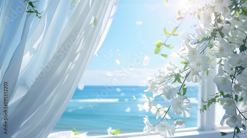Looking out the window towards the seaside with white curtains blowing in the wind, and white flower petals dancing in the breeze