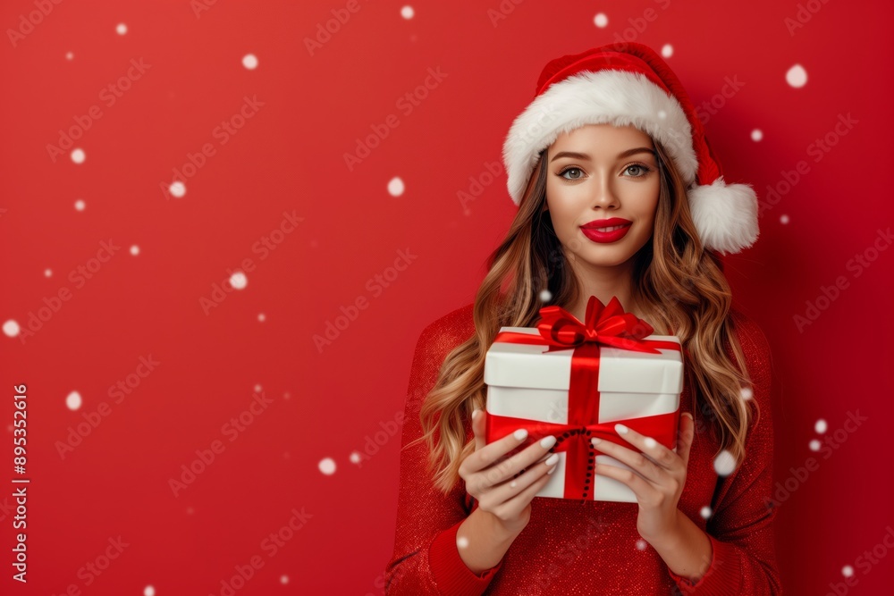 A joyful woman, wearing a Santa hat, exudes charm and cheer as she holds a festive Christmas gift, surrounded by colorful decorations, in a celebration of the season filled with joy A joyful woman, wearing a Santa hat, exudes charm and cheer as she holds a festive Christmas gift, surrounded by colorful decorations, in a celebration of the season filled with joy