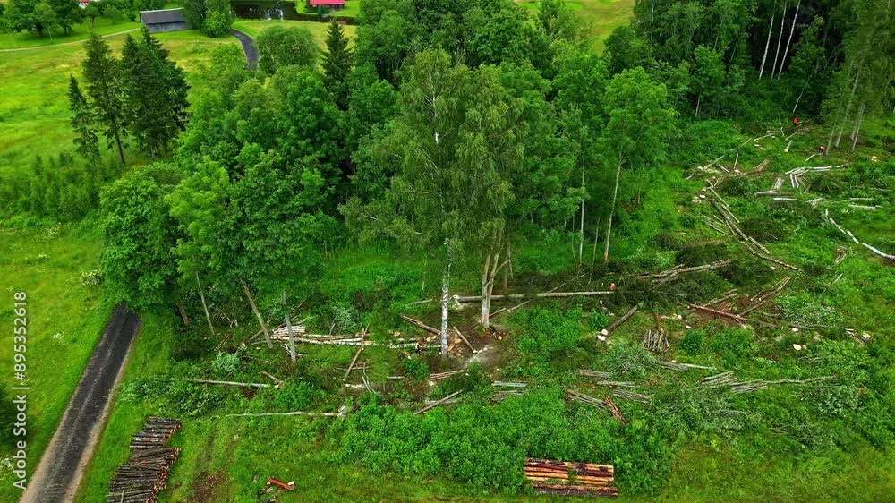 Drone view of felling trees in the forest to make raw materials for furniture and houses Drone view of felling trees in the forest to make raw materials for furniture and houses