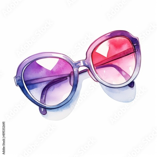 Watercolor, pair of sunglasses with purple and pink frames. The sunglasses are painted and appear to be a work of art photo