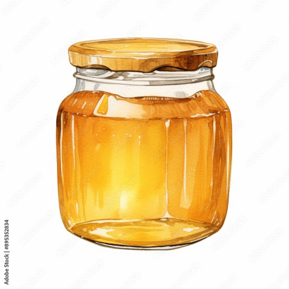 Watercolor, jar of honey is shown in a style. The jar is filled with honey and has a wooden lid. The honey is golden in color and he is thick and sticky. The jar is placed on a white background Watercolor, jar of honey is shown in a style. The jar is filled with honey and has a wooden lid. The honey is golden in color and he is thick and sticky. The jar is placed on a white background