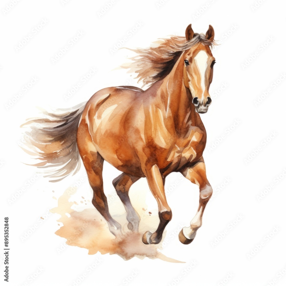 Obraz premium Watercolor, brown horse is running in the sand. The horse is the main focus of the image, and it is in motion. The sandy background adds a sense of movement and energy to the scene