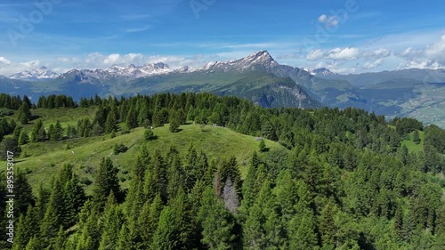 Lush green forests and snow-capped mountains in obermutten, switzerland, aerial view photo