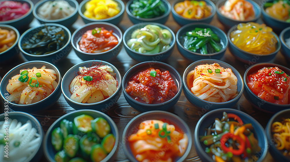 A variety of halal banchan, small side dishes including pickled vegetables and seaweed A variety of halal banchan, small side dishes including pickled vegetables and seaweed