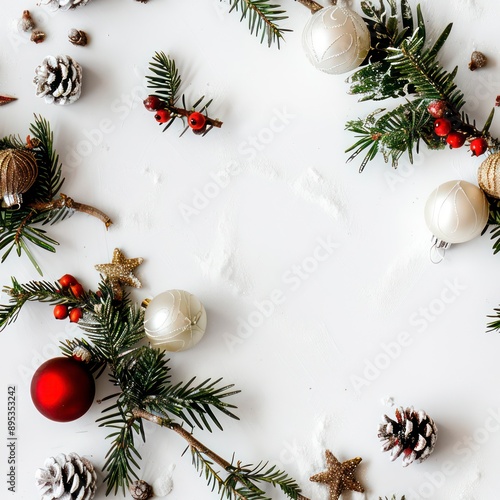 Christmas decorations in vibrant colors, placed against a white background with ample copy space, featuring boldly textured surfaces that add depth and holiday spirit. photo