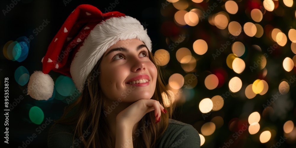 Immerse yourself in the magical holiday atmosphere with a joyful woman in a Santa hat smiling brightly among glowing lights at night, spreading festive cheer and warmth all around Immerse yourself in the magical holiday atmosphere with a joyful woman in a Santa hat smiling brightly among glowing lights at night, spreading festive cheer and warmth all around