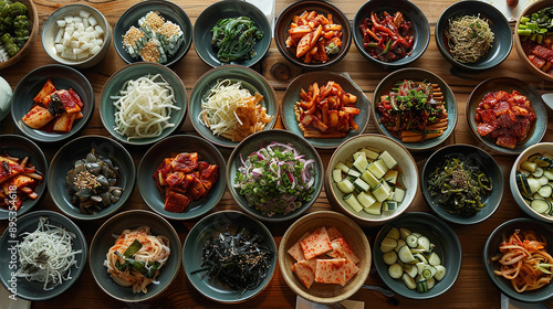 A variety of halal banchan, small side dishes including pickled vegetables and seaweed