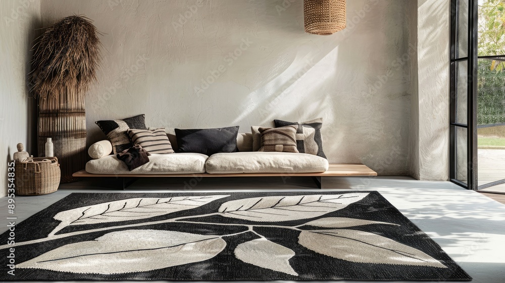 Natural Black & White Leaf Rug Wallpaper Natural Black & White Leaf Rug Wallpaper