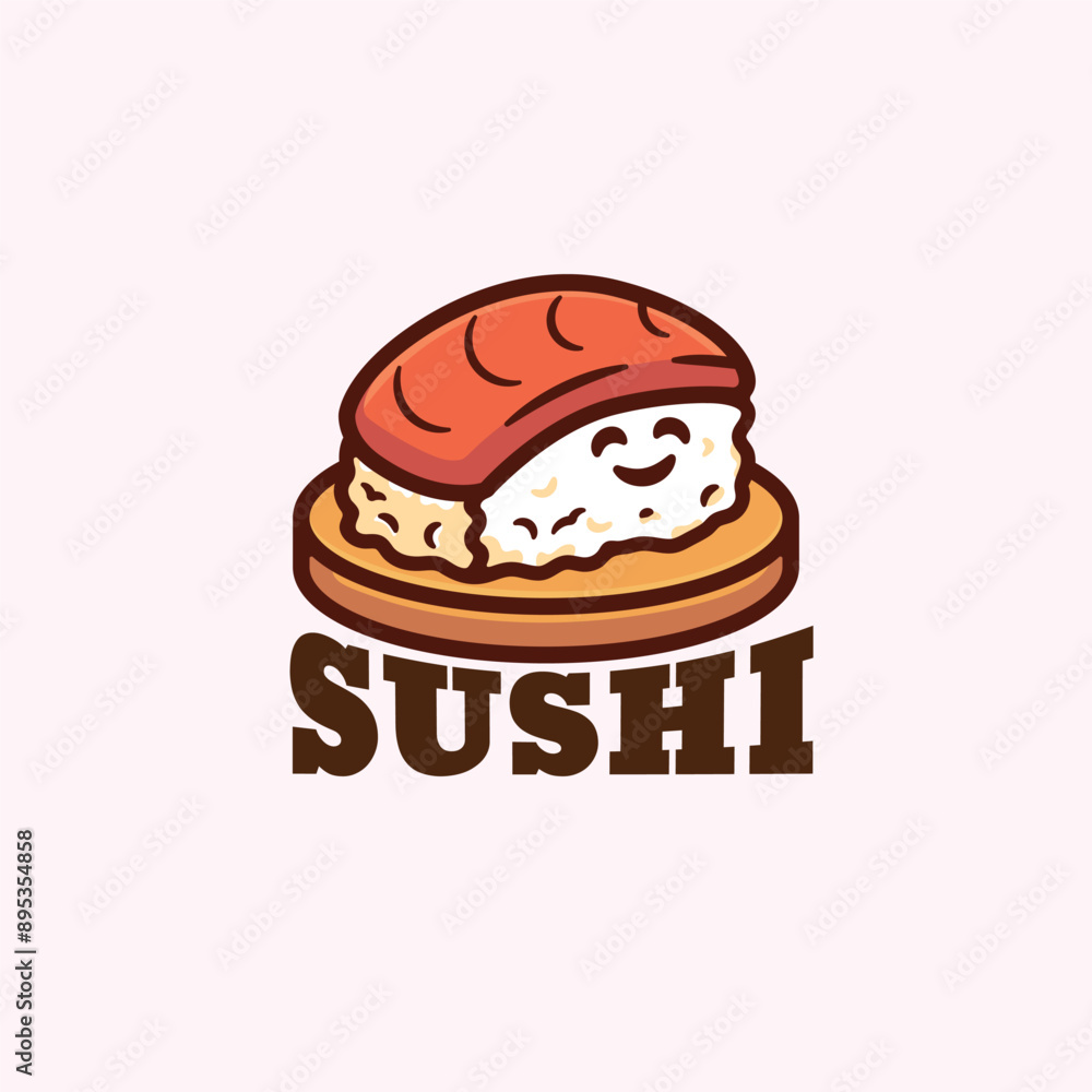 Cartoon a piece of sushi with a smile face on a plate logo vector mascot character Cartoon a piece of sushi with a smile face on a plate logo vector mascot character