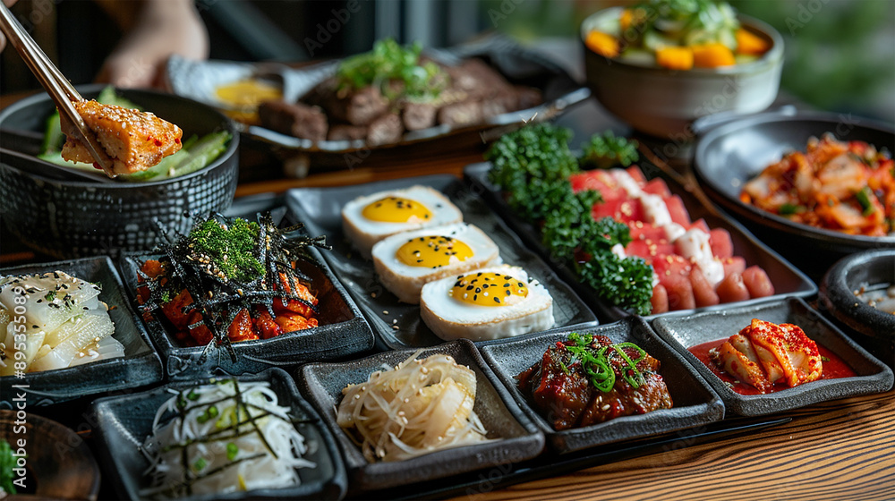 A variety of halal banchan, small side dishes including pickled vegetables and seaweed A variety of halal banchan, small side dishes including pickled vegetables and seaweed