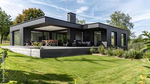 Modern Black House With Large Windows and Green Grass