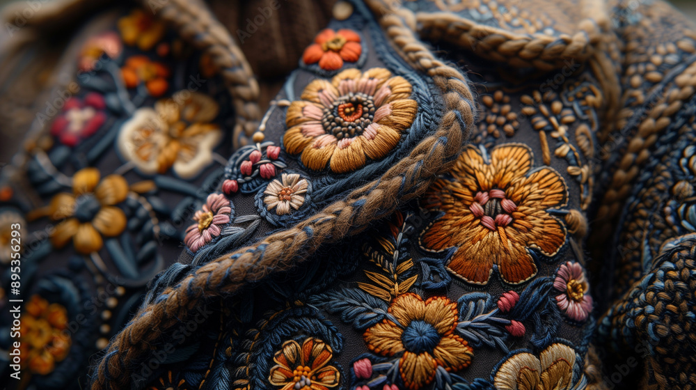 Macro Shot of Intricate Embroidery on Traditional German Lederhosen Macro Shot of Intricate Embroidery on Traditional German Lederhosen