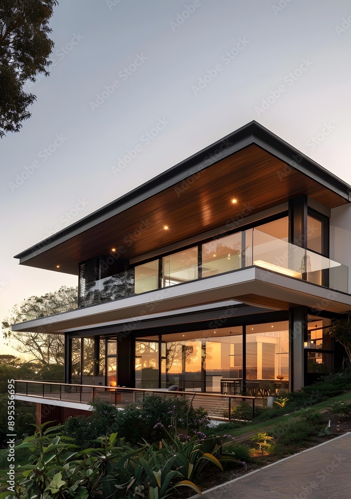 Fototapeta premium Modern House With Wooden Deck And Large Windows