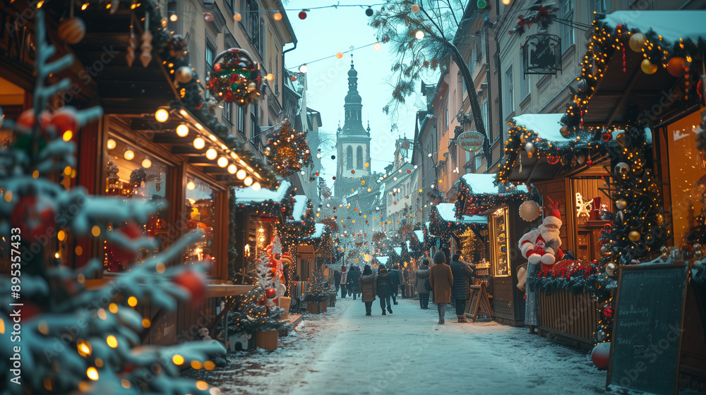 Fototapeta premium Wide Shot of Traditional German Christmas Market with Festive Stalls and Twinkling Lights