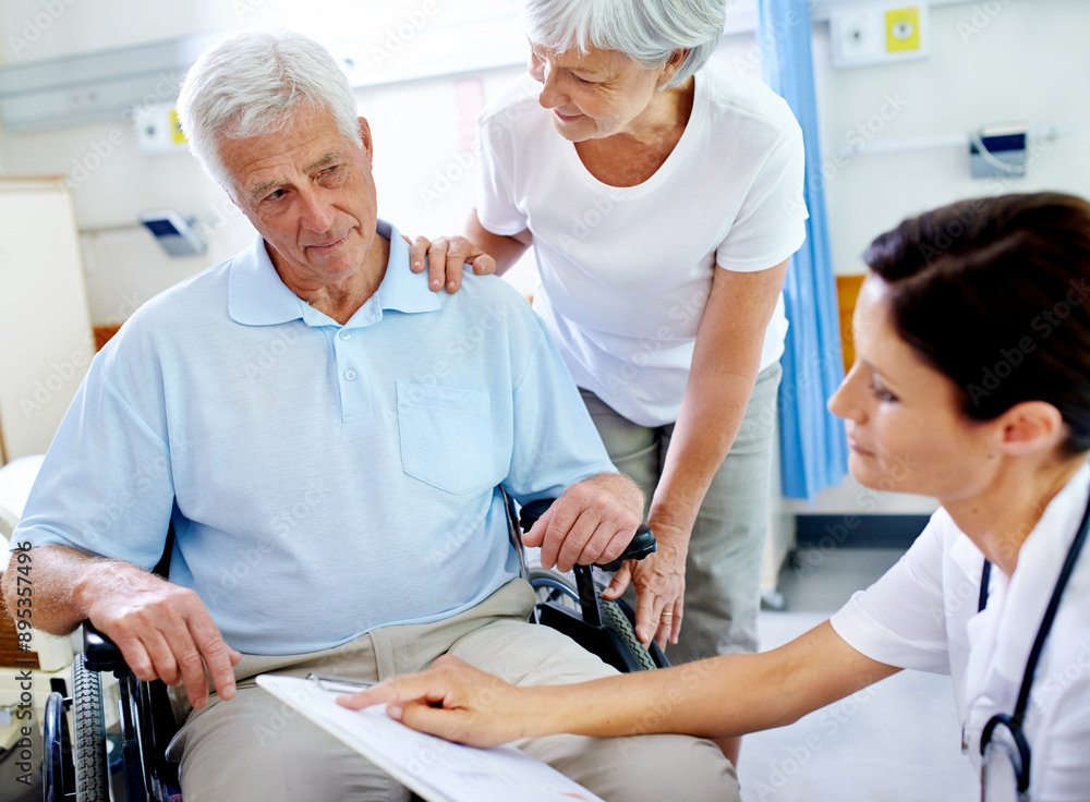 Obraz premium Doctor, conversation and senior patient in wheelchair with a disability, happy and appointment with wife for support. Elderly man, medical worker and checklist for test results and progress notes.